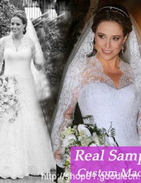 2014 Real Sample Vestidos De Noiva Custom Made Lace V Neck Sexy Wedding Dresses With Long Sleeves Bridal Gowns Satin VC-99