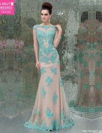 2014 Elegant Bodycon Sheath Lace Sleeves Prom Party Dresses See Through Open Back Vestidos De Fiesta Free Shipping Satin YL501