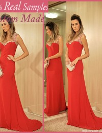2014 Exquisite Watermelon Red  Long Prom Dresses See Through Sheath Party Dress Free Shipping Chiffon YL2014