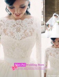 Fashionable White Custom Made A-Line Scoop See Through Vintage Long Sleeve Lace Wedding Dresses 2014 Vestidos De Novia MF360