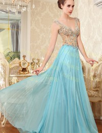 New Fashion Real Sample A-Line V-Neck Cap Sleeves Backless Beaded Crystals Draped Long Elegant Prom Evening Dresses 2014 MF020
