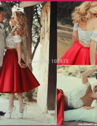 Fashionable Sexy Red Sweetheart Off The Shoulder Lace Two Piece Prom Dresses 2015 Mid-Calf Party Dresses Satin M002