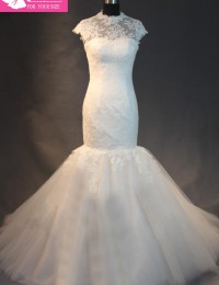 Real Sample Fashionable  White See Through High Neck Cap Sleeves Elegant Mermaid Wedding Dresses Vestidos De Novia 2014 MA513