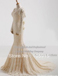 Custom Made Actual Images Luxury Ivory Beads Pearls Lace Corset Bandage Mermaid Wedding Dresses With Long Sleeves Satin AL-26
