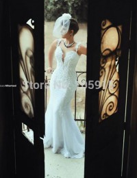 Stunning Sweetheart Spaghetti Straps Sleeveless Long Lace Wedding Dress 2015 Backless Court Train Mermaid Wedding Dresses M55
