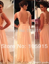2015 Vestidos De Fiesta Free Shipping Best Sale Peach Long Chiffon A-Line Formal Evening Gowns Nude Back Lace Prom Dresses HL-8