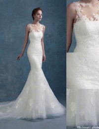 Gorgeous White Scoop See Through Elegant Sleeveless Mermaid Wedding Dresses Lace Wedding Dress 2015 Vestido De Casamento MK-11
