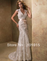 2014 Aulic Custom Made Ivory Crystal Scoop High-Low Bow Sash Sheath Lace and See Through Wedding Dress Bride Wedding Gowns SV21