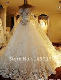Unique ! Luxury White Sweetheart Floor-length Court Train A-line Crystal Beaded Lace Wedding Dresses Organza HL-515