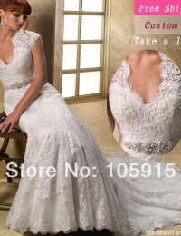2014 Aulic Custom Made White Crystal Scoop High-Low Bow Sash Sheath Lace and See Through Wedding Dress Bride Wedding Gowns SV22