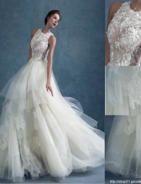 Romantic Design A-Line Scoop Sleeveless Appliques Long See Through Tulle Lace Vintage Wedding Dress Vestido De Noiva 2015 MK-8