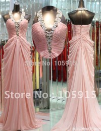 2013 Fashionable Peach Halter A-Line Floor-length Sleeveless Pleated Beaded Sparkling Prom Dresses Evening Gowns Chiffon HL-426