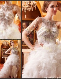 High Low Luxury Vintage Scoop Spaghetti Strap Sleeveless See Through Beaded Crystals Sweep Train Lace Wedding Dresses 2014 MF014