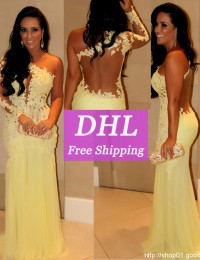 Real Sample Charming Yellow Back See Through Lace Mermaid Evening Dresses With Long Sleeve Prom Dresses Chiffon VC126