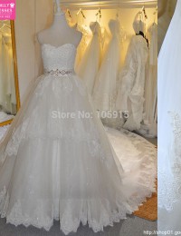 Sumptuous Real Sample Beaded Sash Lace Wedding Dress Summer Appliqued Robe de Mariage Bridal Gowns Vestido De Noiva 2015 MS95