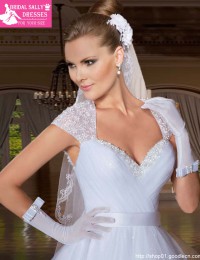 Romantic Noble Vestido De Noiva White Sweetheart Short Cap Sleeves Open Back Beading Pleat Long Vintage Wedding Dress 2014 MF260