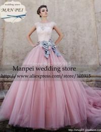2015 vintage Elegant Luxury Ball Gown Scoop Cap Sleeves Bow Sash Sheer Pink Lace Beaded  Wedding Dress Bridal Gown MFW-1