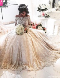 Lace Wedding Dress 2016 Luxury Beading Long Sleeve Muslim Wedding Gowns With Long Train Off Shoulder Vestidos De Noiva W2016