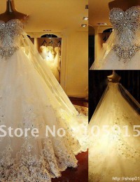 Unique ! Luxury White Sweetheart Floor-length Court Train A-line Crystal Beaded Lace Wedding Dresses Organza HL-515