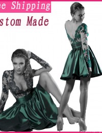 Hot New Unique Design Long Sleeve Dark Green Lace Short Cocktail Dresses Prom Dresses Satin CO1030
