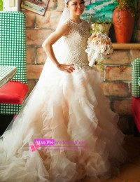Custom Made Charming A-Line Scoop Sheer Beaded Pearl White With Ruffles Vestido De Noiva 2014 Sexy Vintage Wedding Dresses MF384