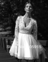 Vintage Sexy  Designer Ivory V-Neck Crystal Lace Ball Gown Real Sample Short Wedding Dresses Bridal Gowns Tulle SV-31