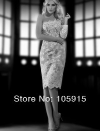 2014 Romantic Short Vintage Lace Sheath One-Shoulder Long Sleeves Beaded Crystal Knee Length Wedding Dress Bridal Gown SV3113