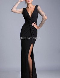 Fantastic Black See Through Sexy V-Neck Slit Long Sleeves Beading Mermaid Long Evening Dress Prom Dresses 2015 Evening Gown M007