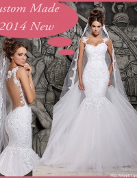 2014 Designers White Lace And See Through Mermaid Wedding Dresses With Removable Train Bridal Dresses Tulle MH-101
