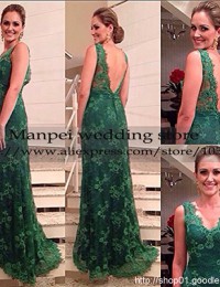 2015 Vestido de Festa Longo Sexy A-Line V-Neck Green Sleeveless Backless Long Lace Dress Party Evening Elegant Prom Dresses MF-9