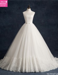 Sexy Romantic Strapless Sleeveless With Bow Sash White Graceful Long Lace Ball Gown Wedding Dresses 2014 Vestido Novia MF182