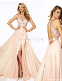 2015 Charming A-Line Prom Dresses V-Neck Tank Sleeveless Lace Open Back High Split Casual Dress Long Elegant Prom Dresses M030