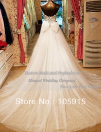 2014 Real Sample Luxury Corset White/Ivory With Crystal And Beads Removable Chapel Train High Low Wedding Dresses Organza CN-28