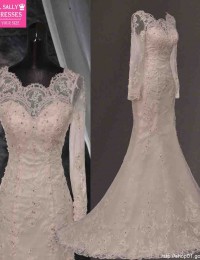 Vestido De Noiva Scoop Long Sleeve Lace Wedding Dress 2015 Hot Sale Sweetangel Sheer With Train Mermaid Wedding Dresses MM-5