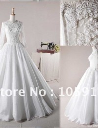 Pure White Ball Gown Scoop Floor-length Appliques Lace Wedding Dresses With Sleeves Satin HL-284