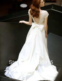 2014 New Design Fashion Pearls Bow Lace With Short Sleeves Sexy See Through V Back Wedding Dresses Satin VC-79